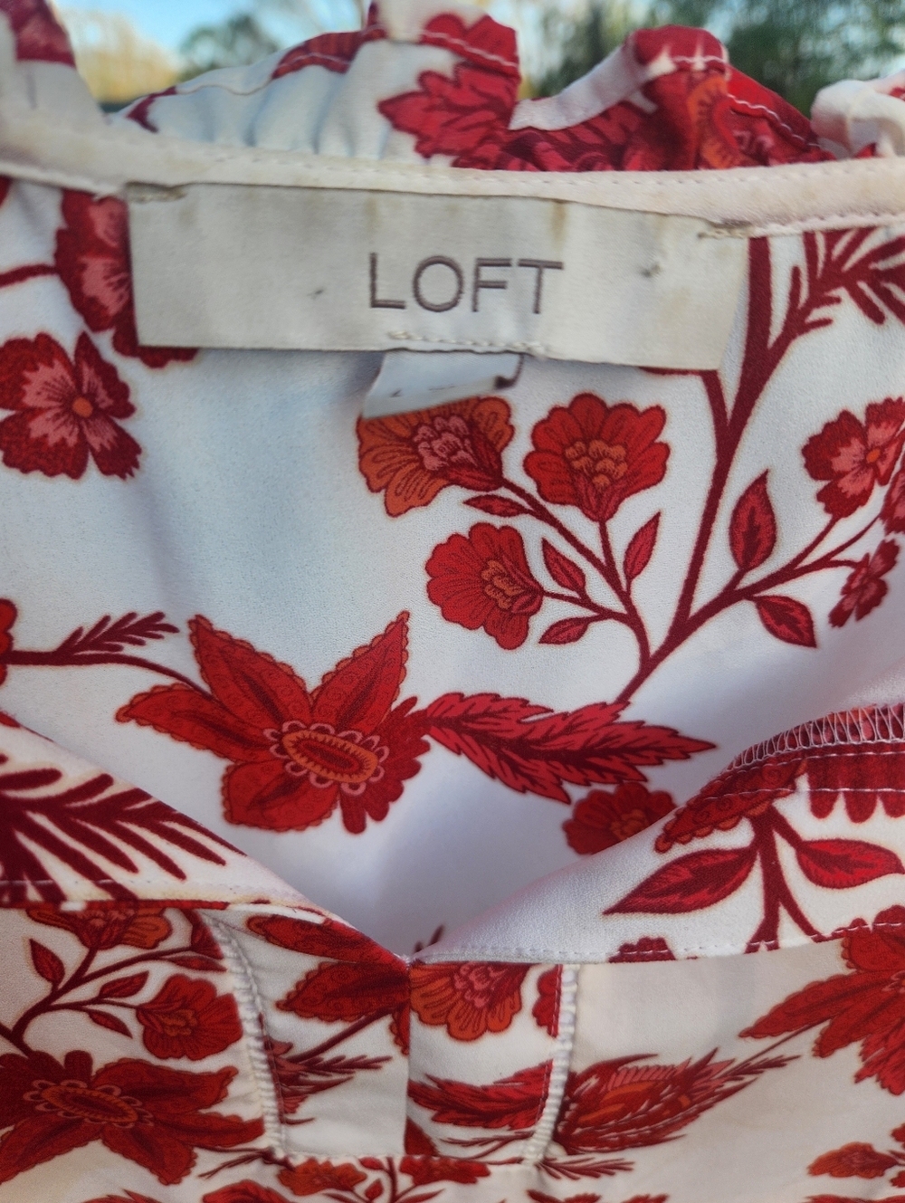 LOFT Blouse TOP Ruffled Collar Pull On DRESSY  Red White FLORAL SEMI SHEER SHIRT - Picture 4 of 10